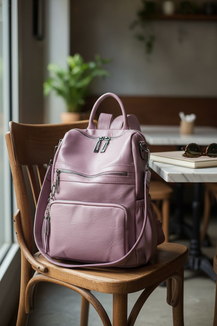 Uromee purse on a vintage chair, emphasizing vegan leather and tassel in a cozy café setting.