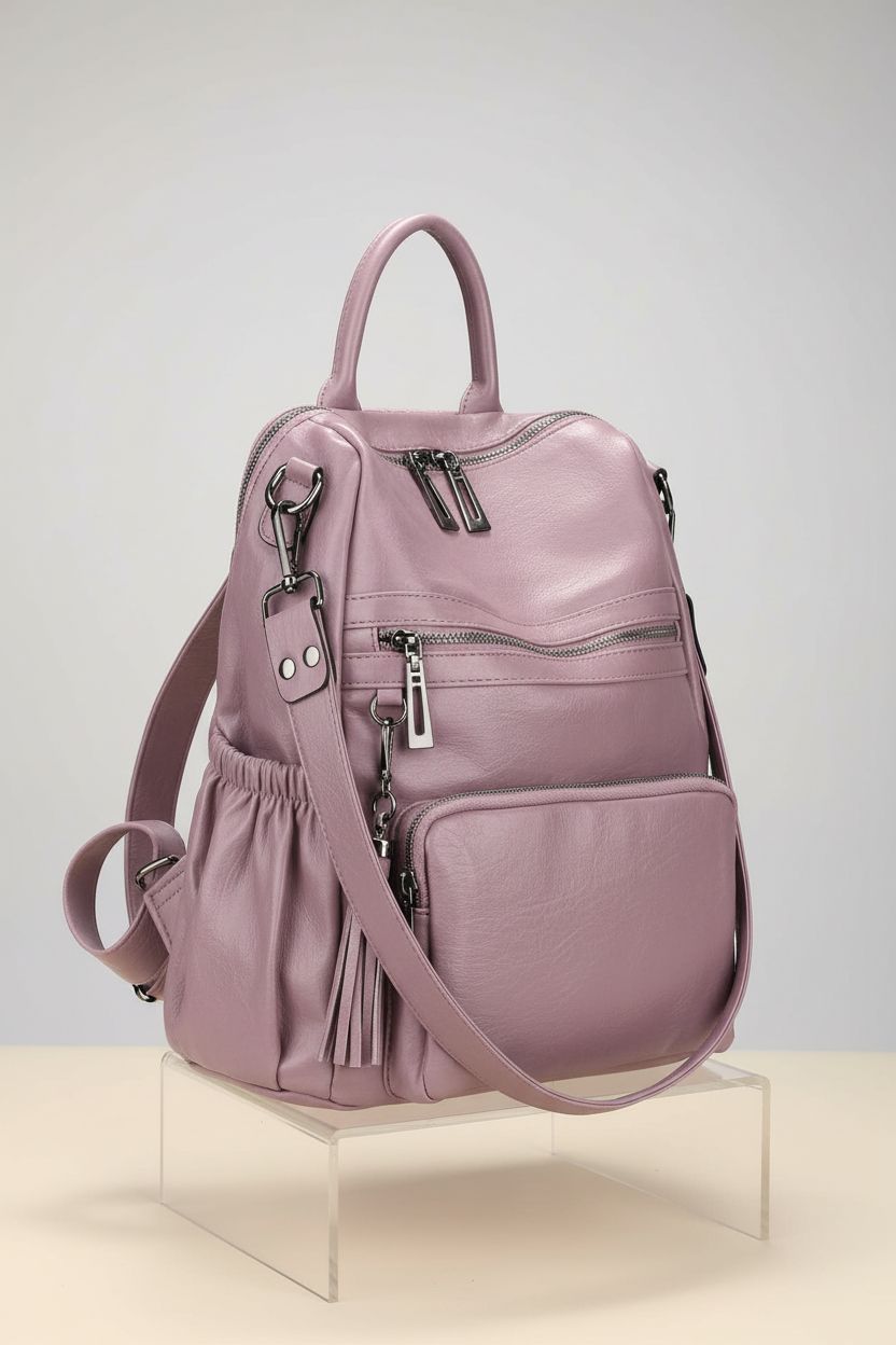 Uromee convertible backpack purse on display, showcasing its stylish design and vegan leather texture.