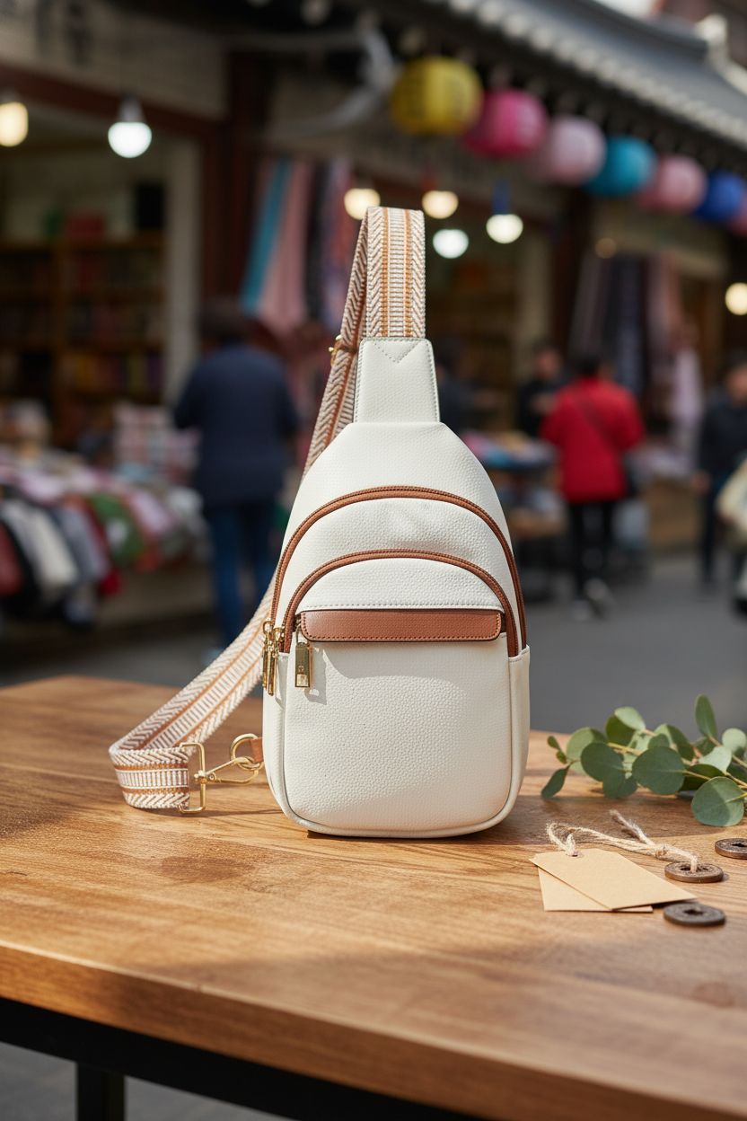BOSTANTEN beige bag displayed elegantly on a rustic table, highlighting its texture and stylish design.