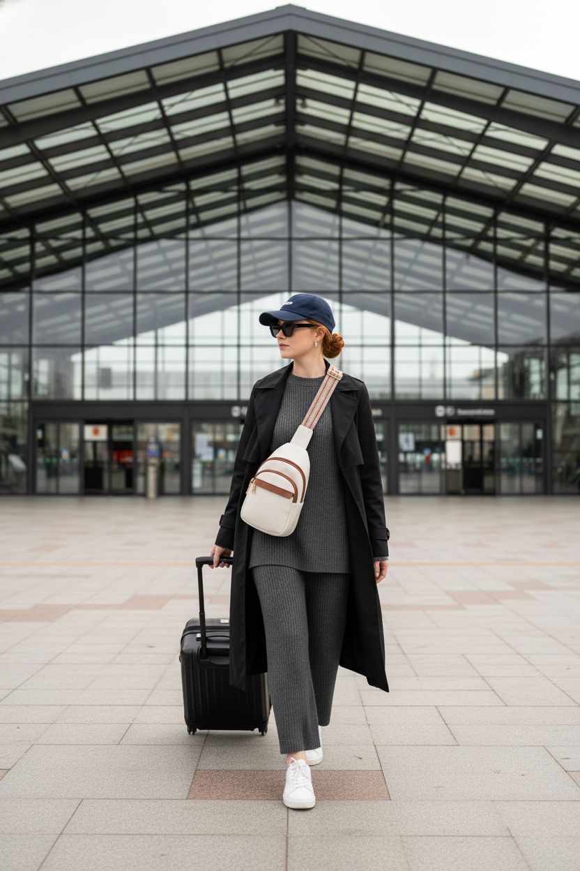 BOSTANTEN beige crossbody sling bag worn with a chic outfit in a modern train station, perfect for travel.