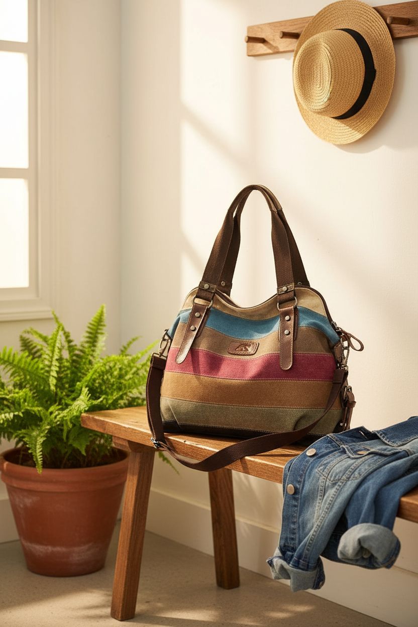 SNUG STAR multi-color striped tote bag on an oak bench in sunlit entryway