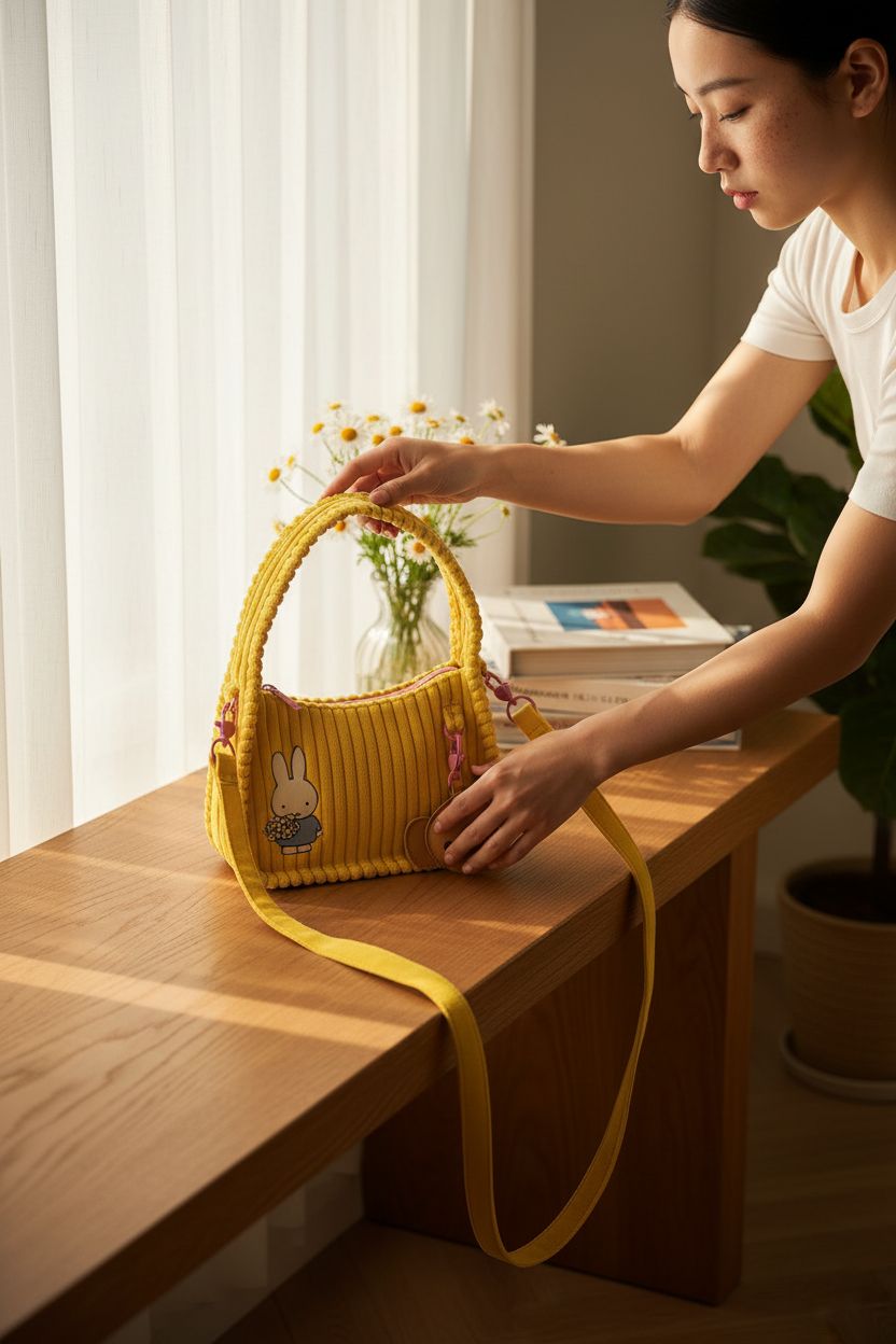 Cheerful yellow corduroy purse on an oak bench in a sunny apartment nook, brand Whatever Makes You Happy
