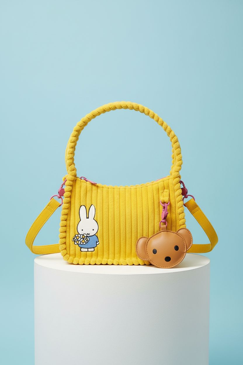 Miffy Corduroy Crossbody Bag showcased on a white acrylic plinth, brand Whatever Makes You Happy