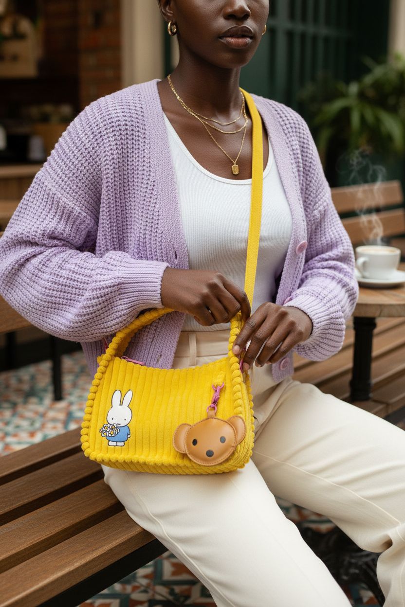 Miffy Corduroy Crossbody Bag with pink hardware on a café bench, brand Whatever Makes You Happy