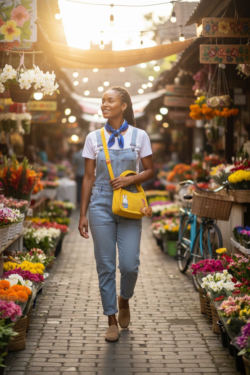 Yellow corduroy crossbody bag with Miffy print at a vibrant flower market, Whatever Makes You Happy