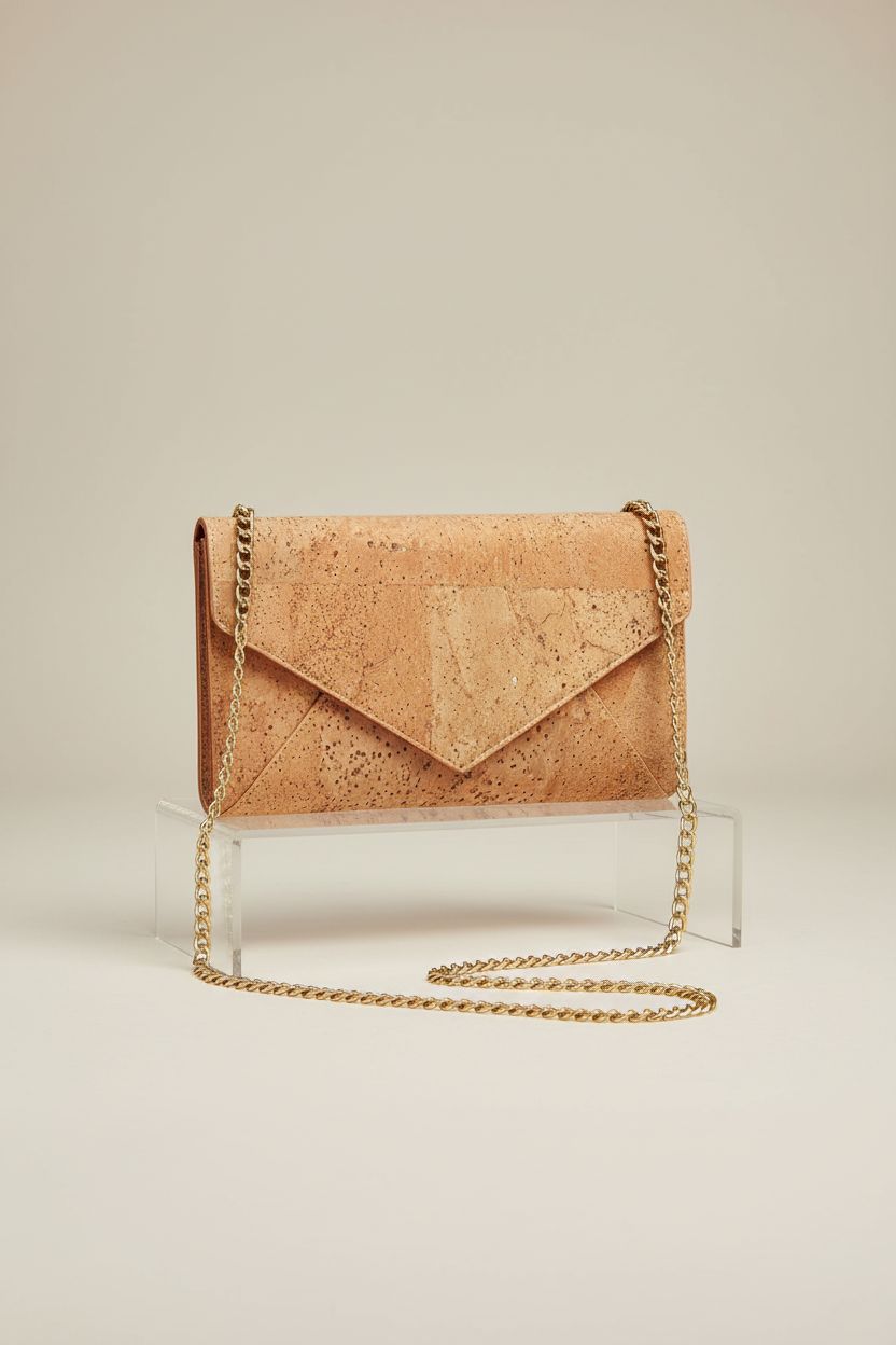 Boshiho natural cork crossbody bag on an acrylic riser, featuring sleek lines and a unique texture in a studio setting.