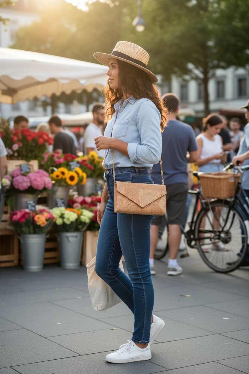 Boshiho natural cork crossbody bag showcased at a farmers' market, featuring a stylish design and eco-friendly material.