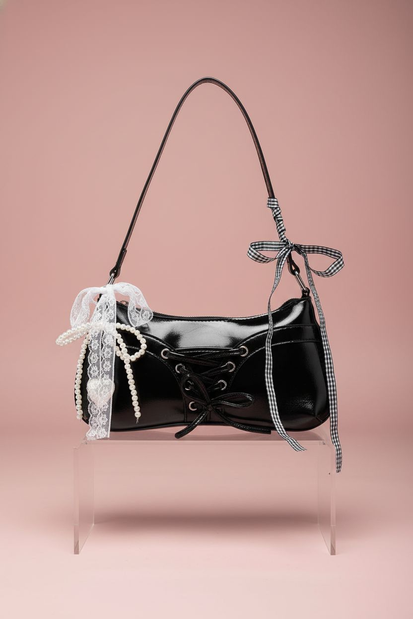 Detailed view of Verdusa corset purse featuring intricate lacing and glossy finish.