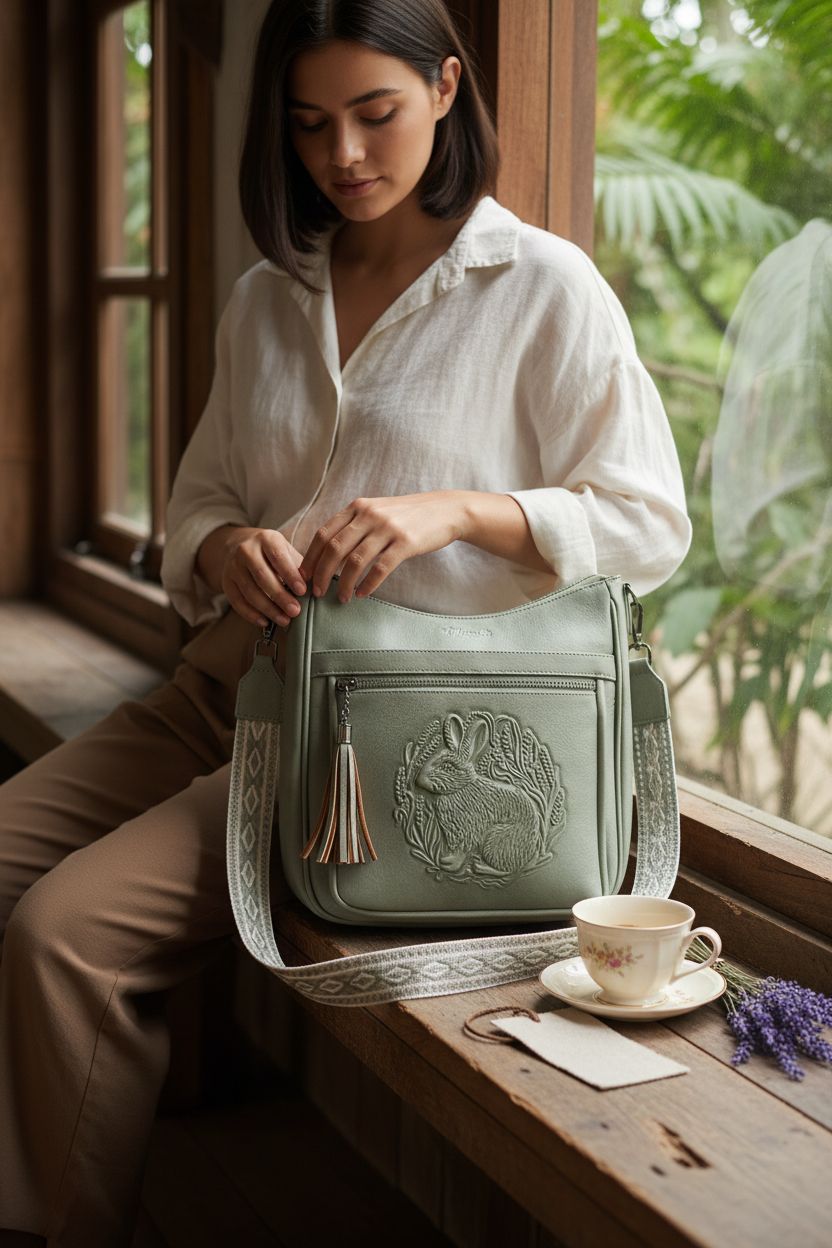 VIMUTI vegan leather crossbody bag beside tea and lavender in a cozy nook