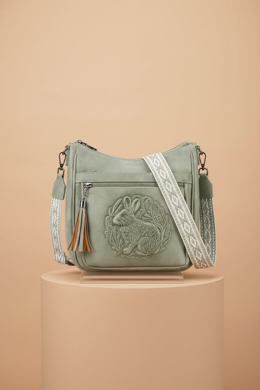 VIMUTI crossbody bag showcasing embossed details on a minimalist pedestal