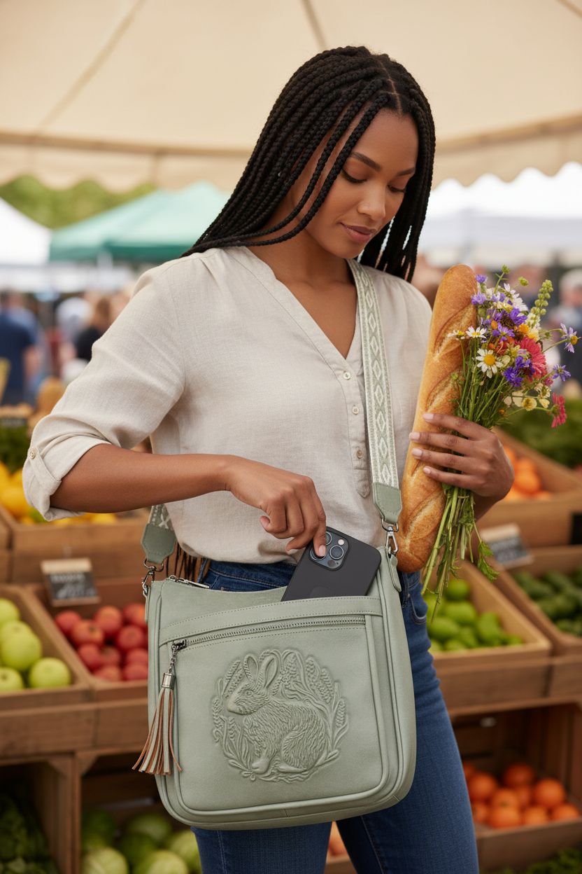 VIMUTI sage-green crossbody bag with embossed flowers at a farmers' market