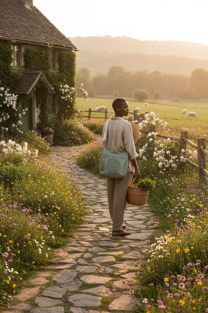 VIMUTI hobo crossbody bag resting stylishly by a cottage with wildflowers