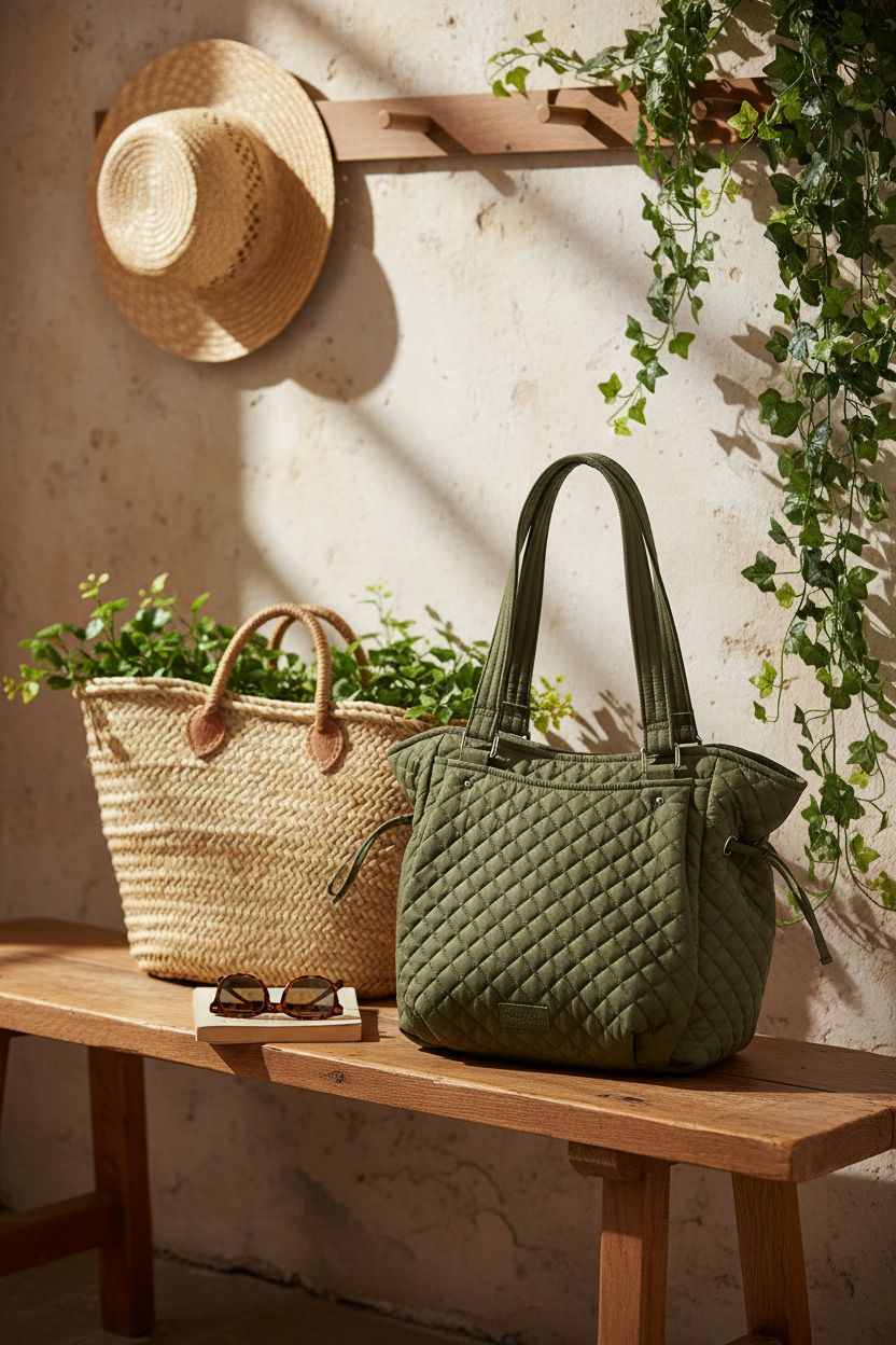 Vera Bradley Climbing Ivy Green satchel on a rustic bench, surrounded by ivy and a straw hat.