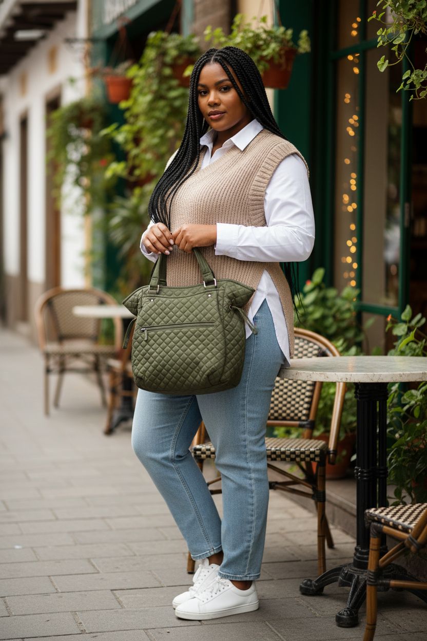 Vera Bradley Climbing Ivy Green cotton satchel on a café table, showcasing its quilted texture.