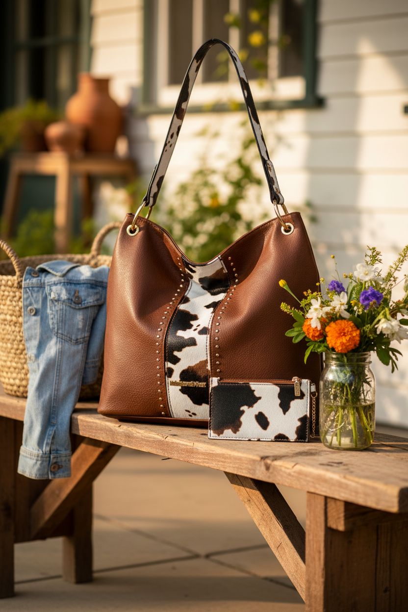 Montana West hobo bag on farmhouse porch with denim jacket and wildflowers nearby.