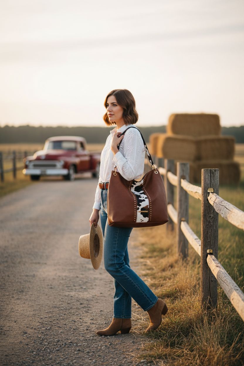 Montana West cow print hobo bag on ranch driveway, styled with white blouse and denim.