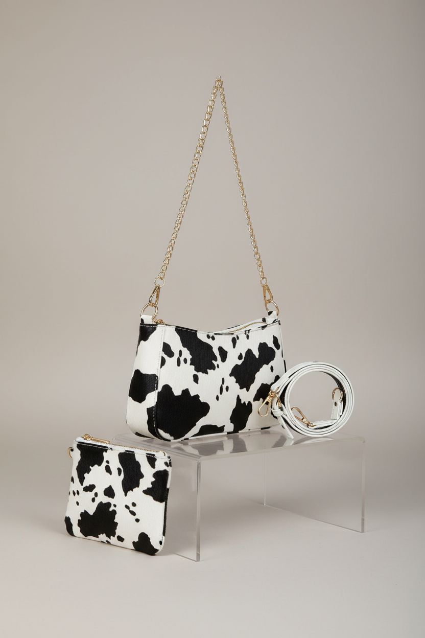 Sunwel Fashion cow print purse displayed on a studio set, showcasing its stylish design and features.