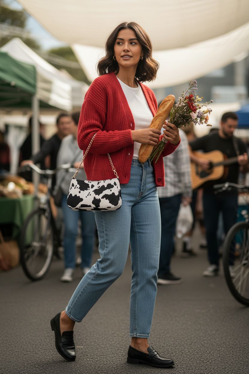 Sunwel Fashion cow print small shoulder bag carried at a farmer's market, stylish and functional.