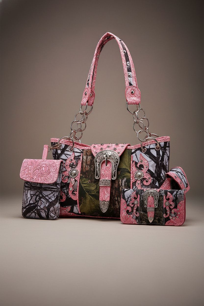 Product shot of Cowgirl Trendy fuchsia camo purse set with wallet and phone pouch on a neutral studio background.
