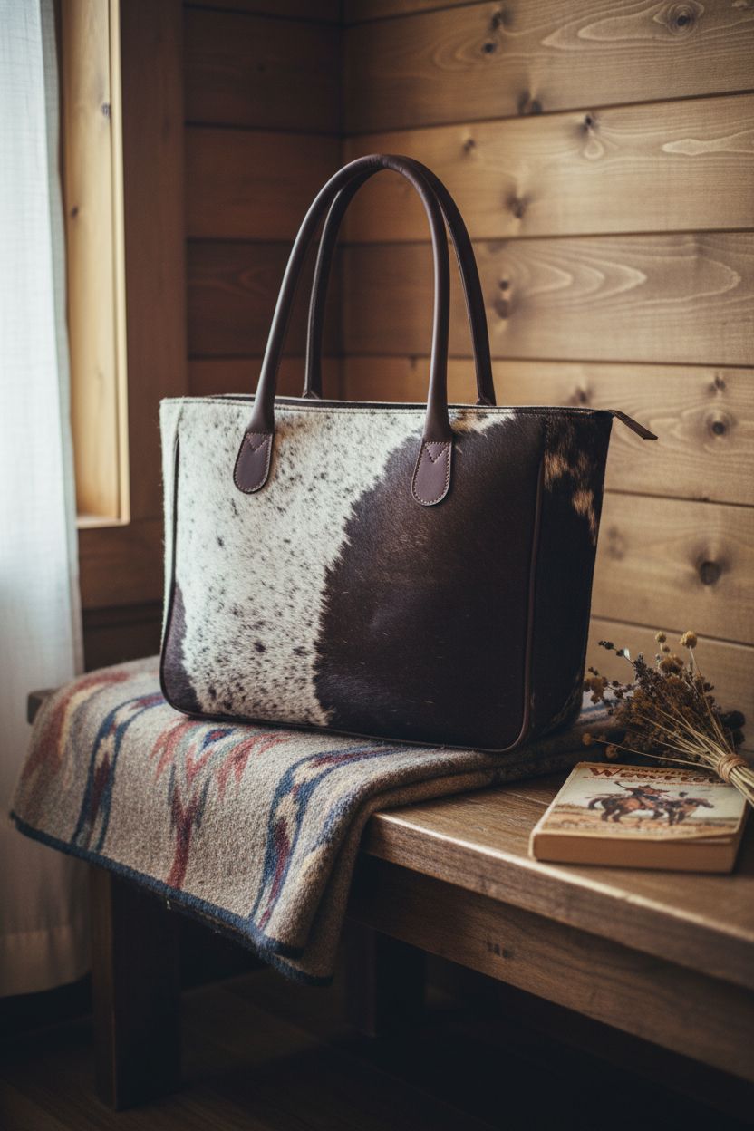 Cuero cowhide tote bag elegantly placed on a cozy bench beside flowers, perfect for a rustic setting.
