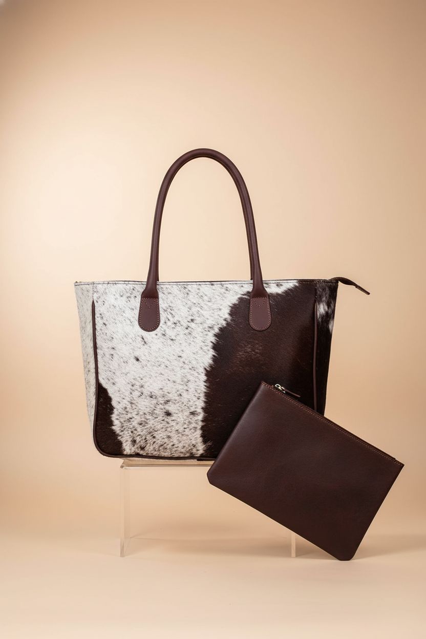 Cuero's classic chocolate brown cowhide tote bag and matching clutch, showcasing premium materials.