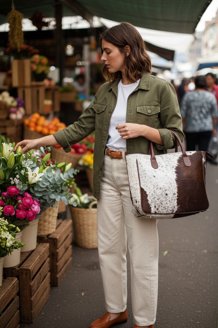 Chocolate brown cowhide tote bag by Cuero, stylishly slung over the shoulder at a market.
