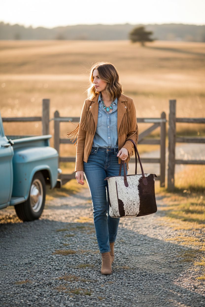 Cuero chocolate brown cowhide tote bag swinging at the ranch entrance, showcasing its classic design.