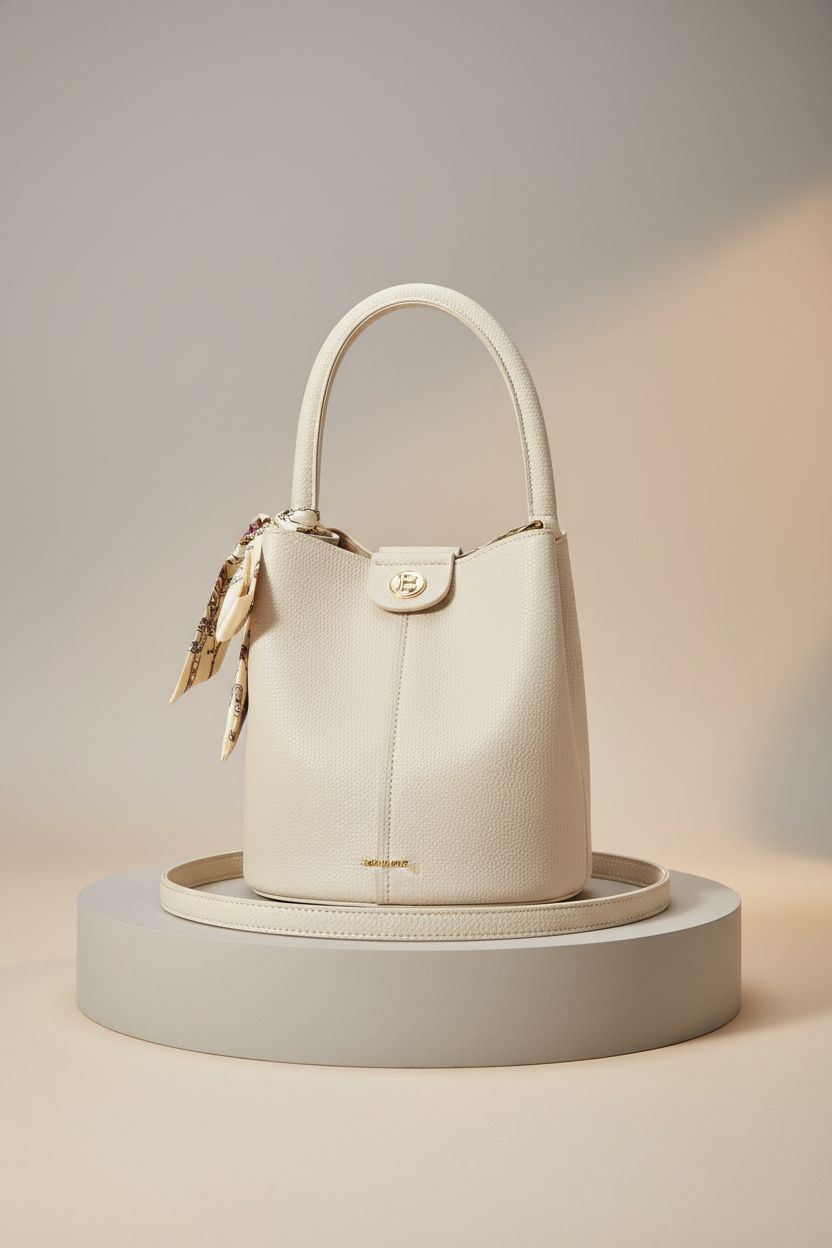 BOSTANTEN cream purse on a modern pedestal, highlighting its sleek design and vegan leather craftsmanship.