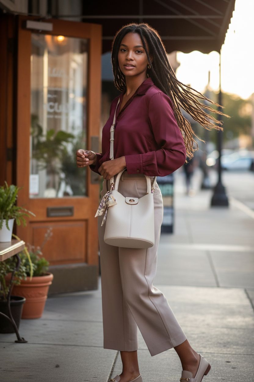 BOSTANTEN cream purse showcased with removable strap and scarf accent, pebbled vegan leather.