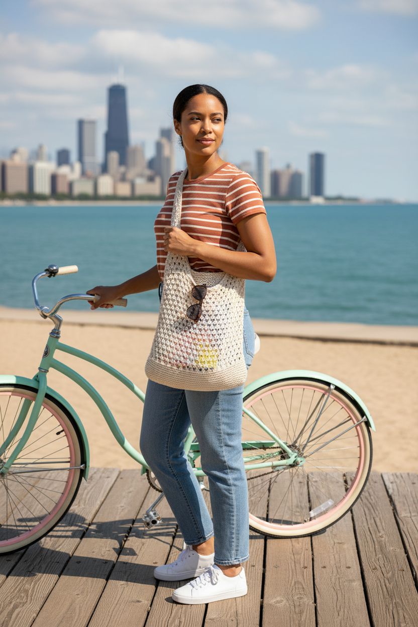 hatisan beige crochet bag styled with terracotta and cream striped tee on beachside