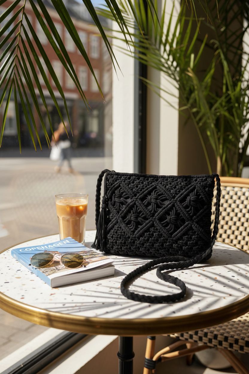 Peicees crochet bag on a sunny café terrace with coffee and travel guide.