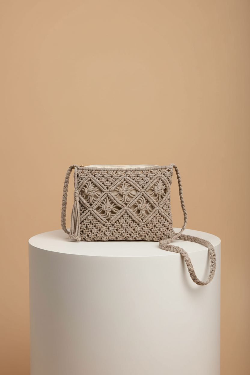 Close-up of Peicees crochet purse highlighting craftsmanship and woven details.