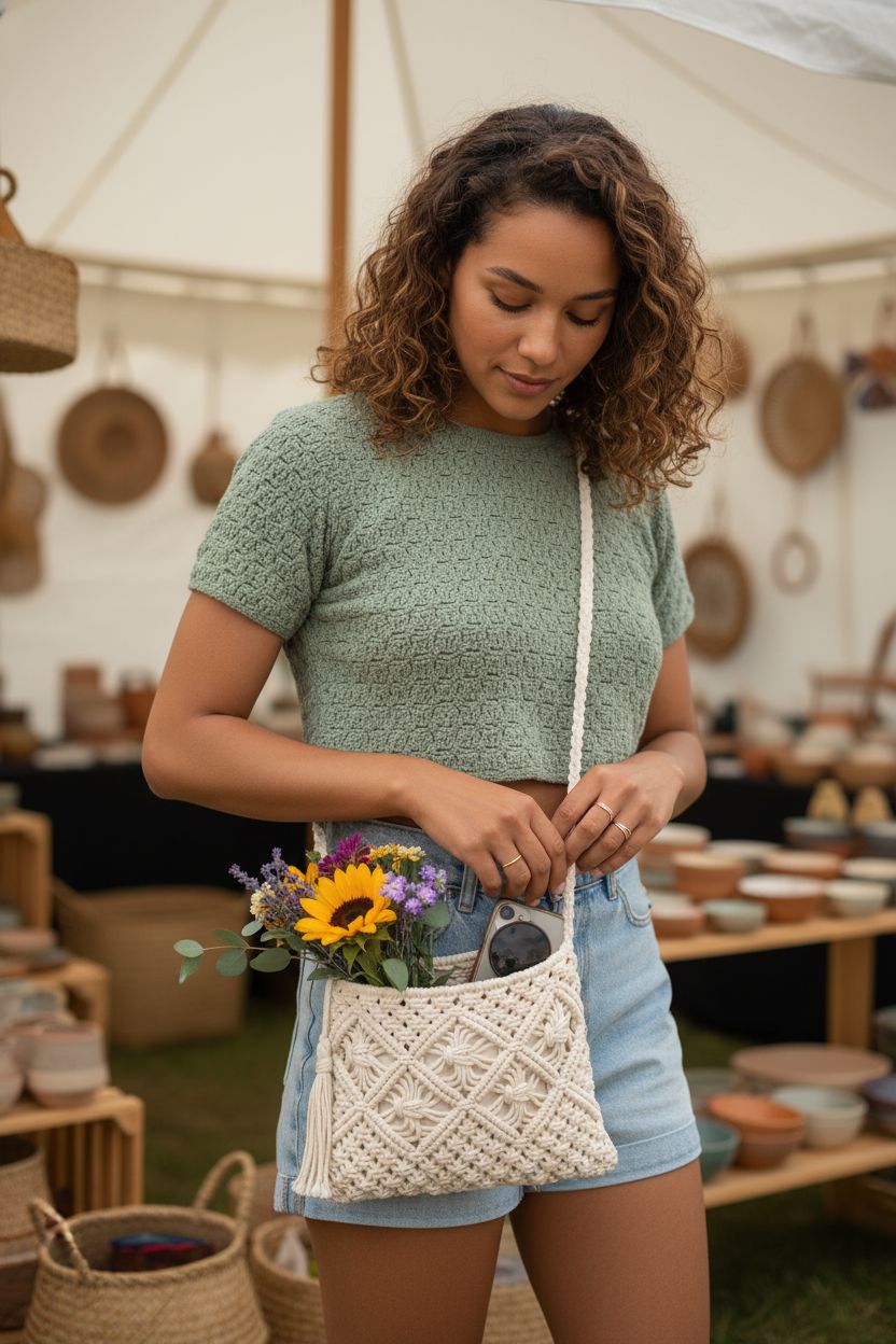Peicees crochet crossbody bag in a market, showcasing woven texture and capacity.