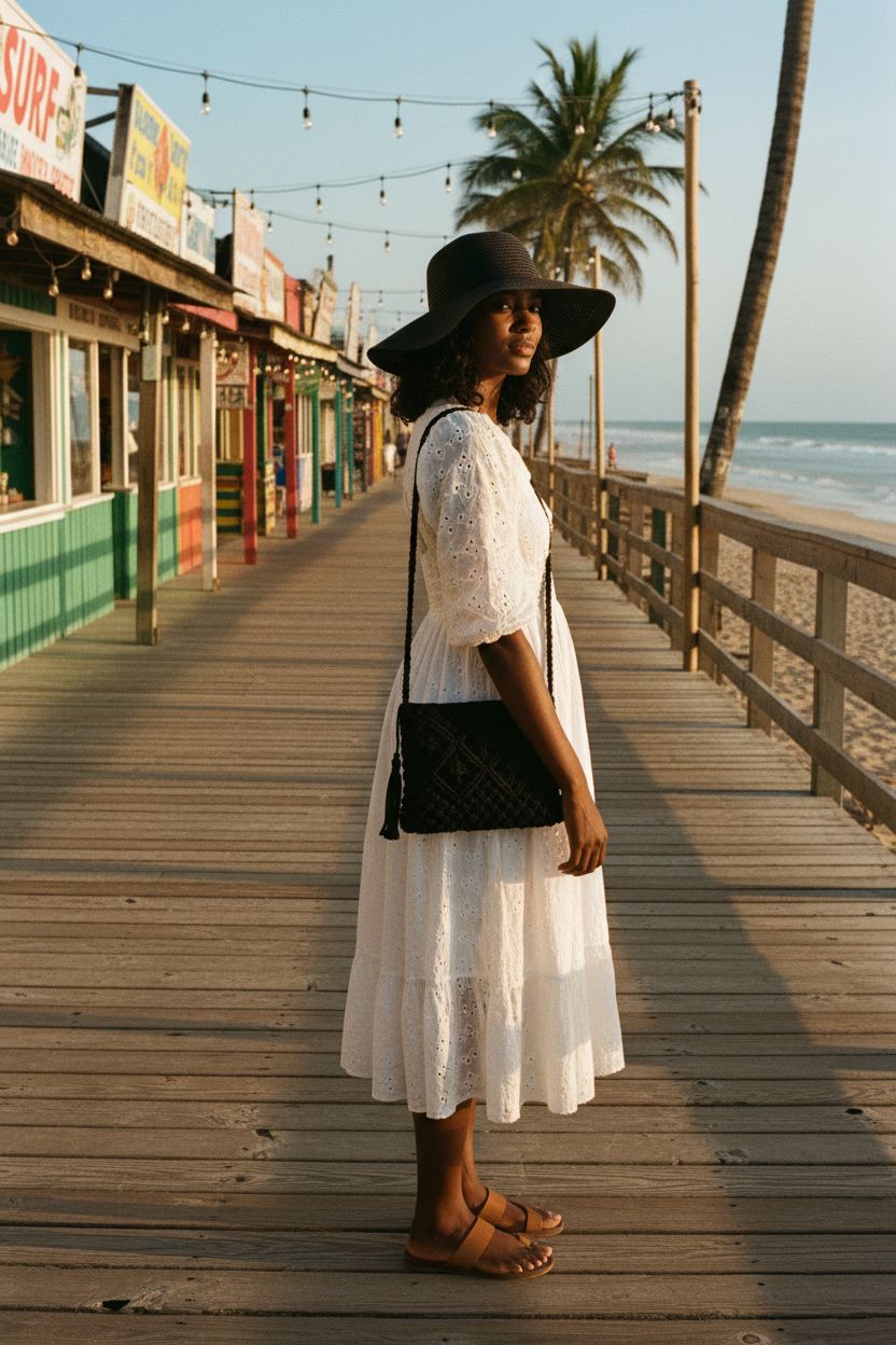 Peicees bohemian crochet purse on a beach boardwalk, perfect for summer outings.