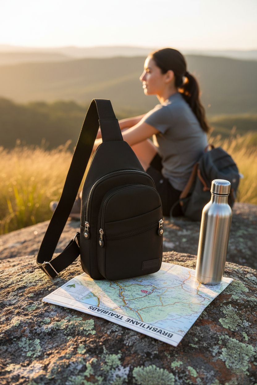 Banelu Small Sling Backpack resting on a boulder, showcasing its outdoor-ready design and features.