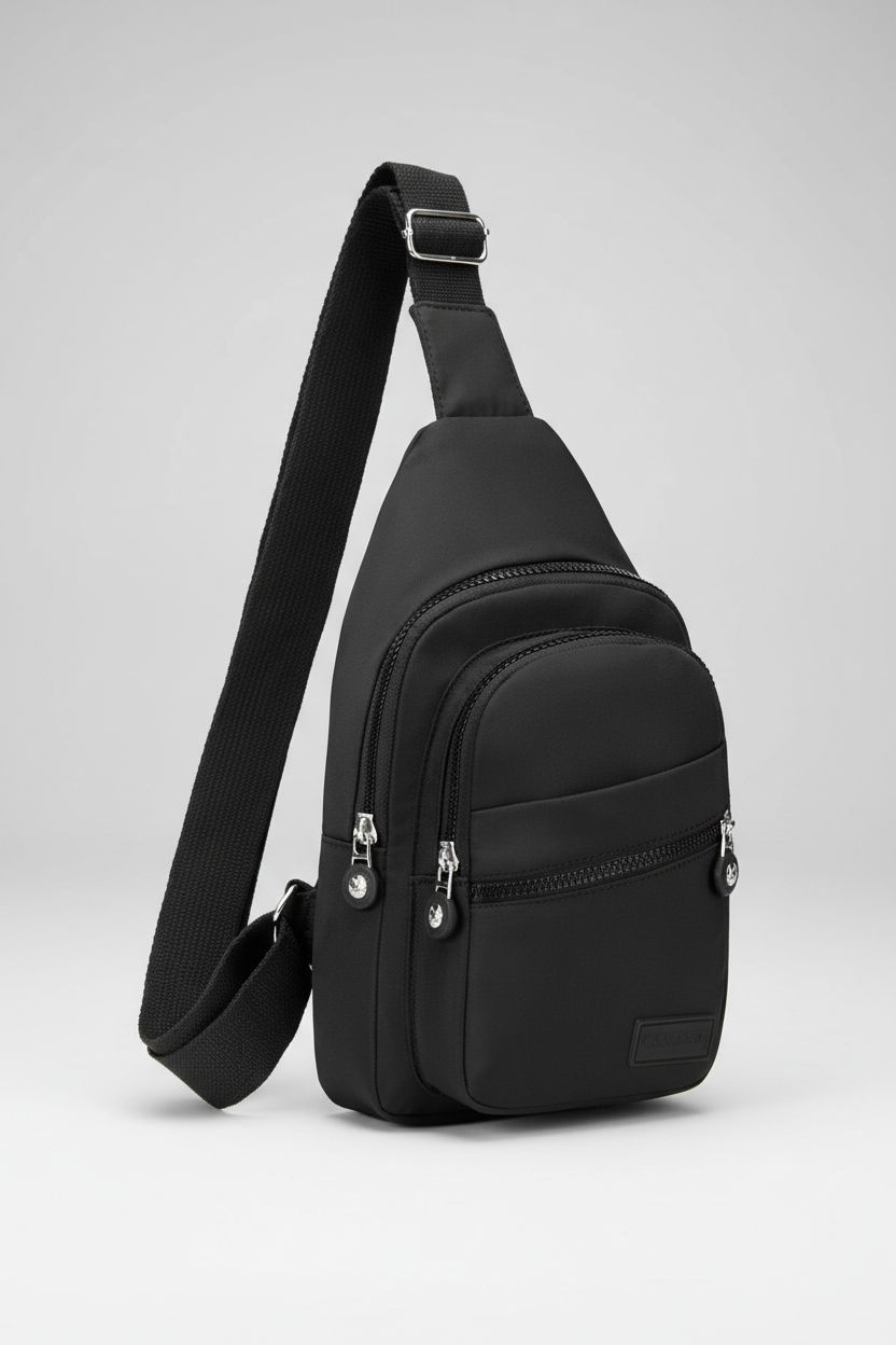 Banelu Small Sling Backpack displayed in studio, highlighting its sleek design and versatile pockets.