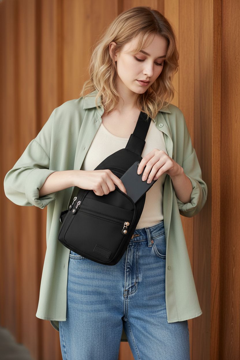 Banelu Small Sling Backpack crossbody bag in black, stylishly worn while retrieving a phone.