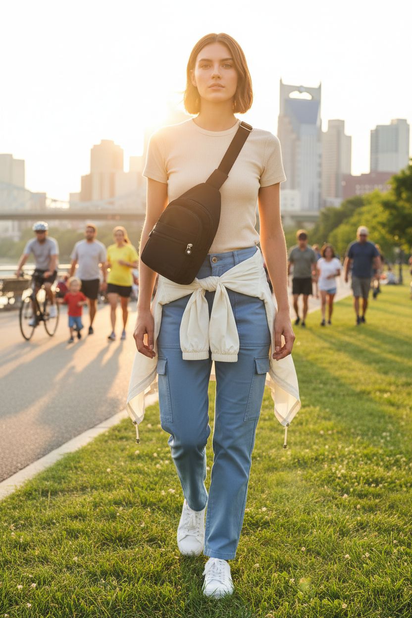 Banelu Small Sling Backpack worn cross-body, perfect for outdoor activities and weekend markets.