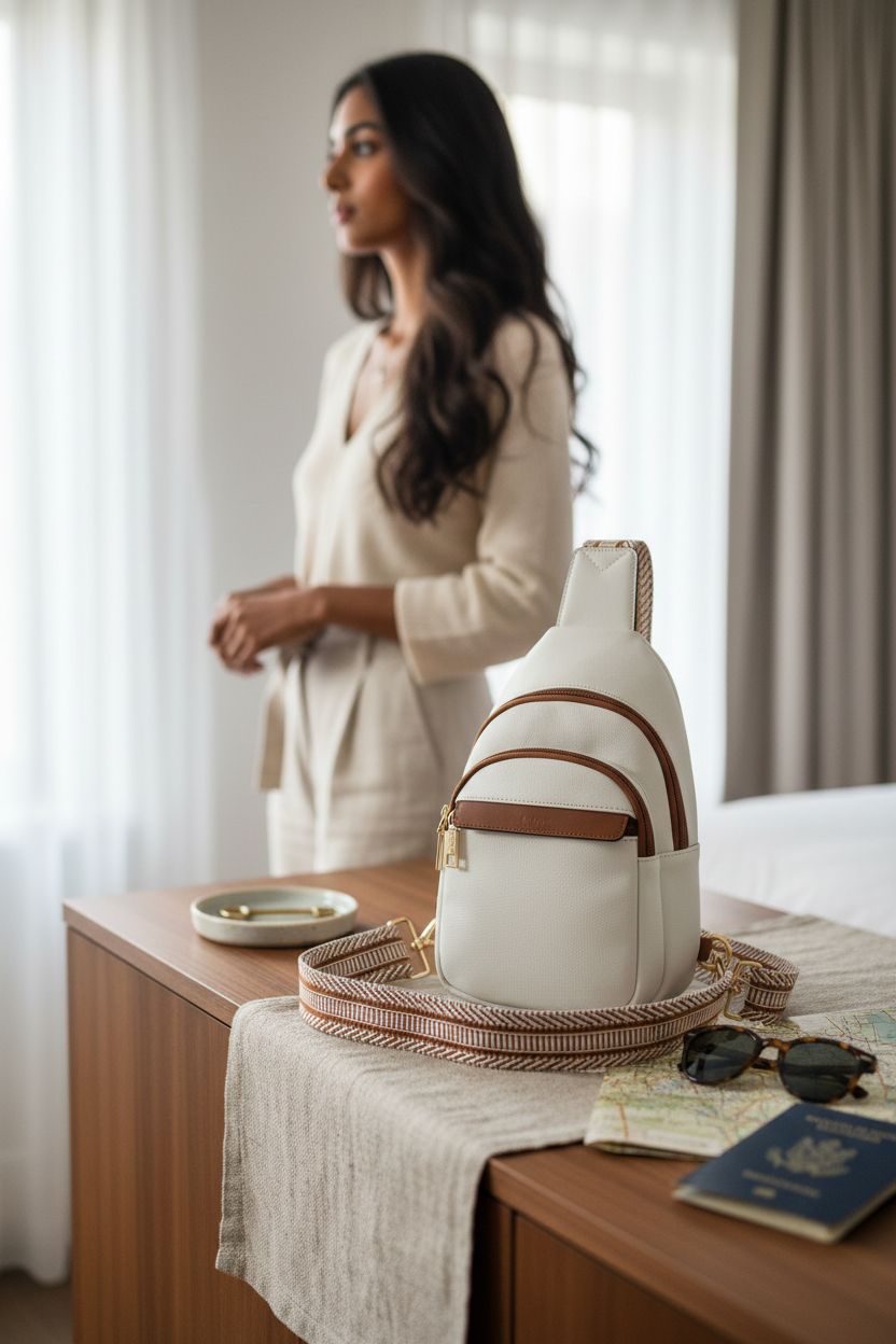 BOSTANTEN small sling bag on a credenza, creating a serene travel scene with accessories.
