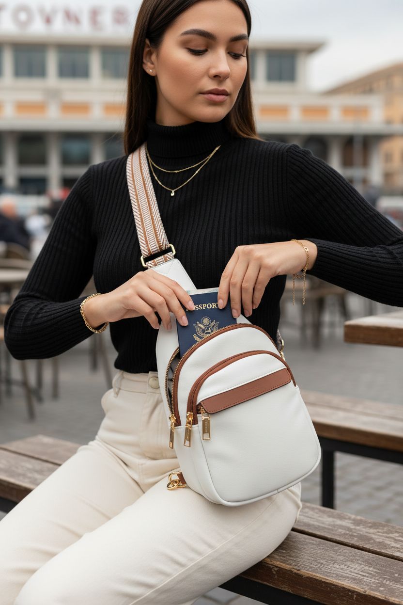BOSTANTEN beige leather crossbody bag on café patio, showcasing stylish design and travel use.