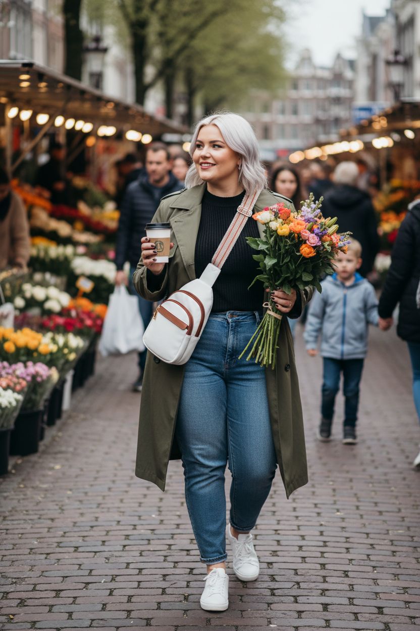 BOSTANTEN beige crossbody bag worn in market, ideal for hands-free convenience while shopping.