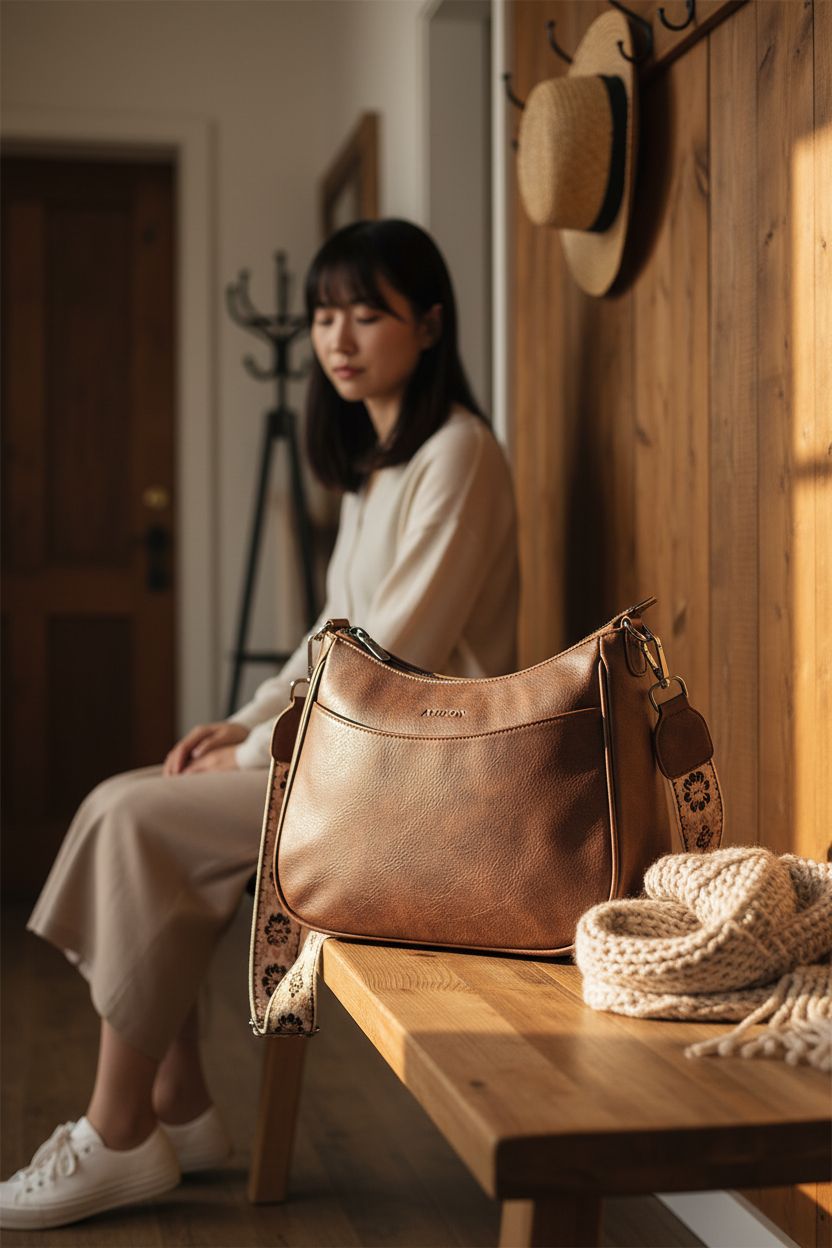 APHISON crossbody bag displayed on a wooden bench, highlighting its vegan leather and stitching details.