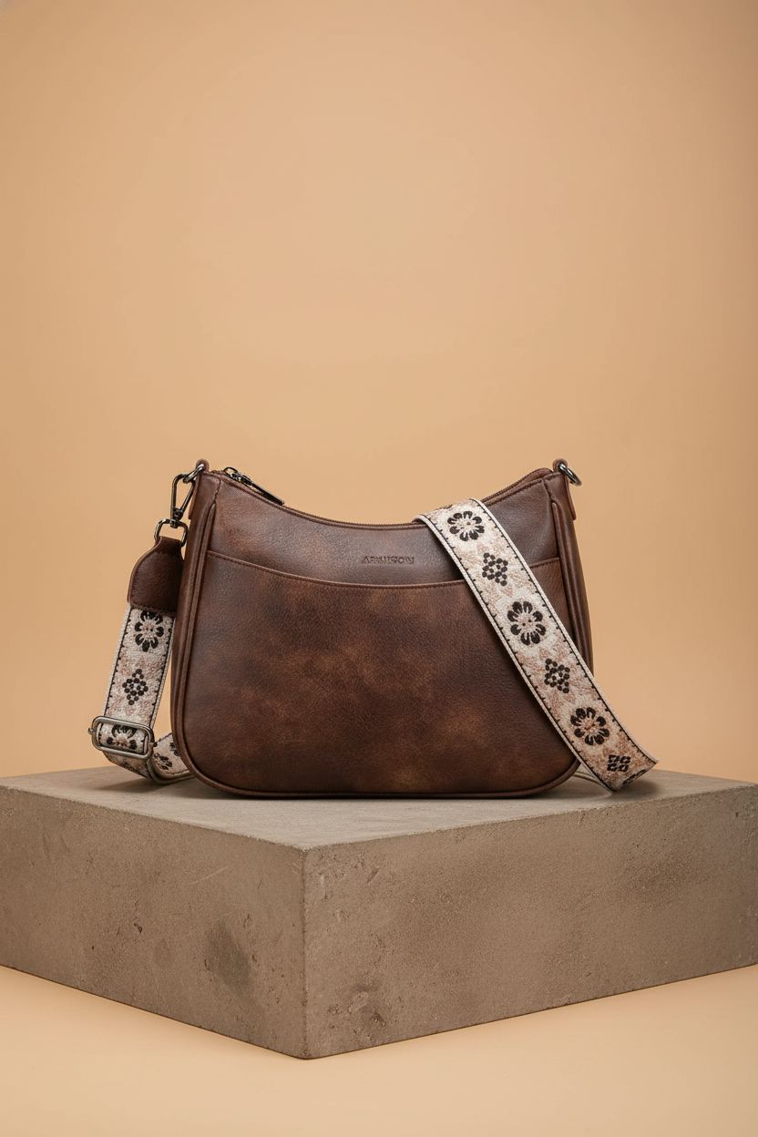 Close-up of APHISON crossbody bag on a stone plinth, showing texture and adjustable strap.
