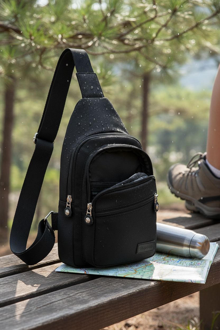 Banelu Small Sling Backpack resting on a bench with a map, perfect for hiking and outdoor use.