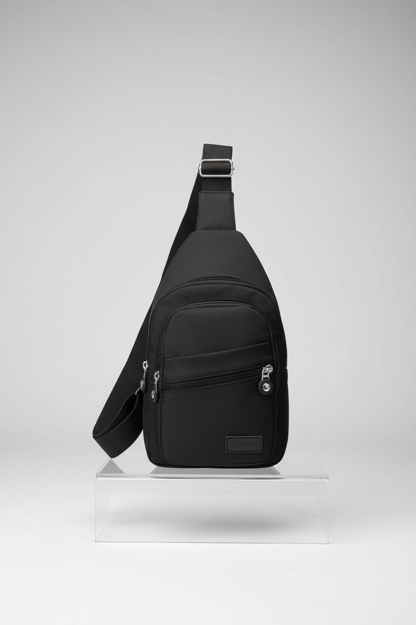 Banelu Small Sling Backpack in black, highlighting its design and features in a studio setting.
