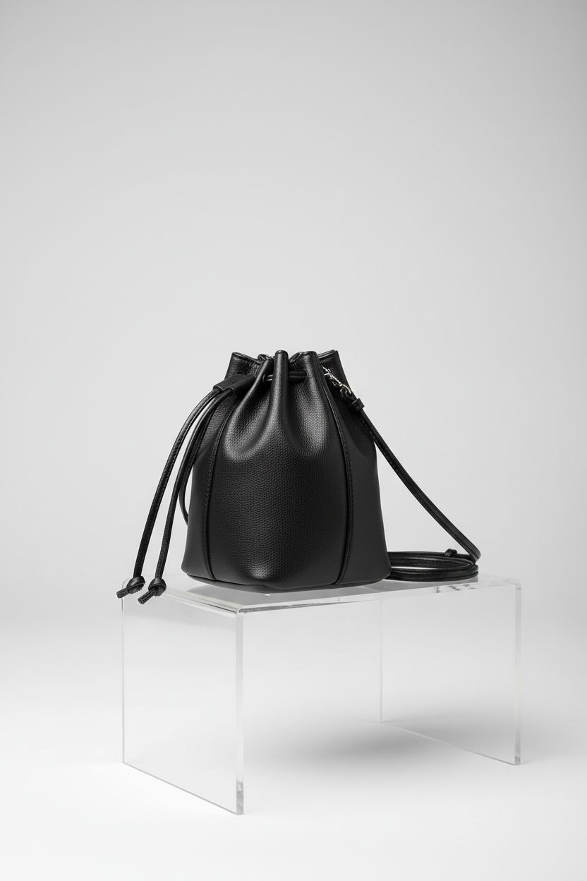 Energather black PU leather mini crossbody bag displayed on an acrylic block