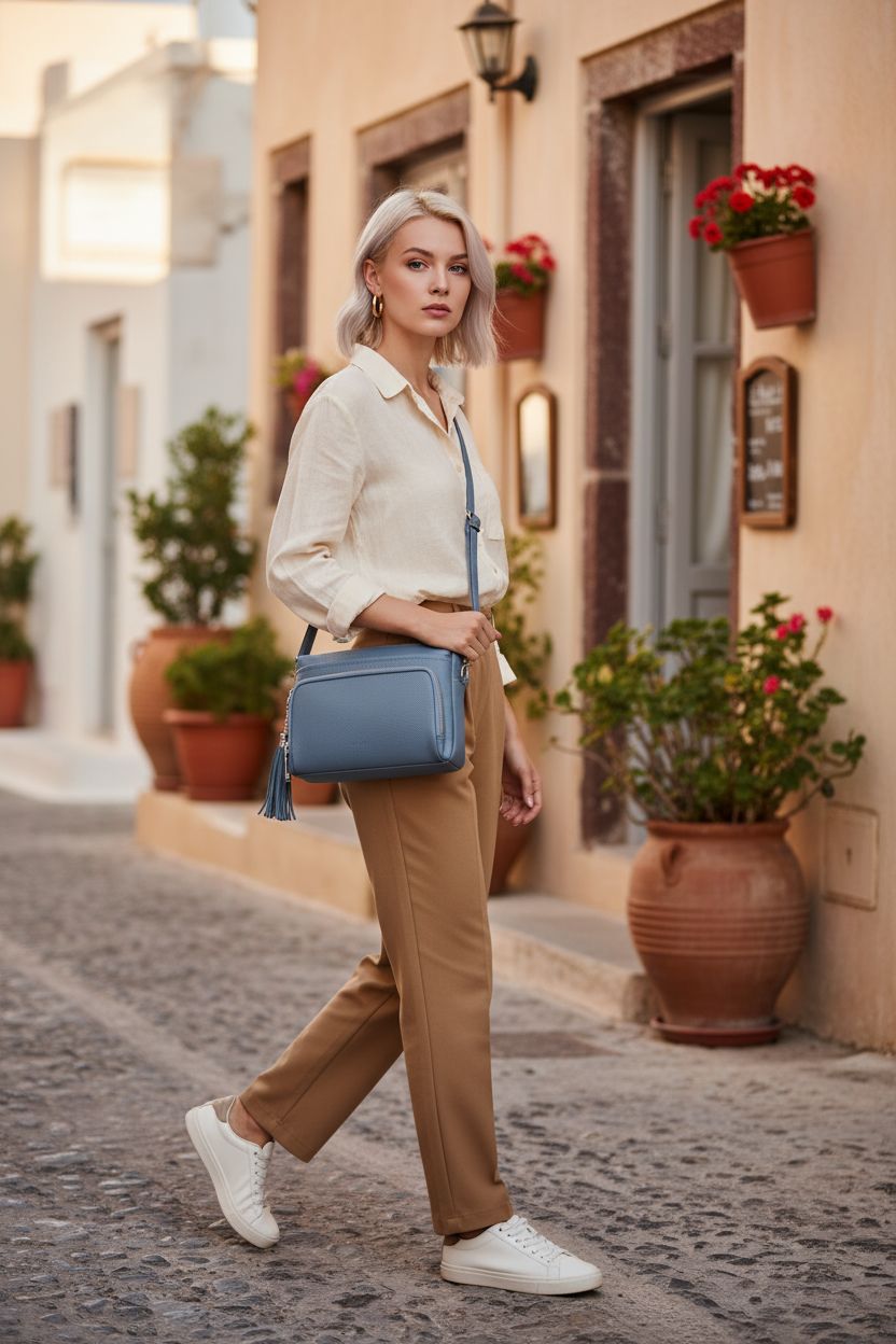 Light blue befen leather crossbody organizer bag against warm-toned café backdrop.