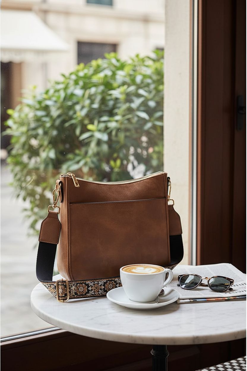 BOSTANTEN vegan leather crossbody purse beside a cappuccino in a café