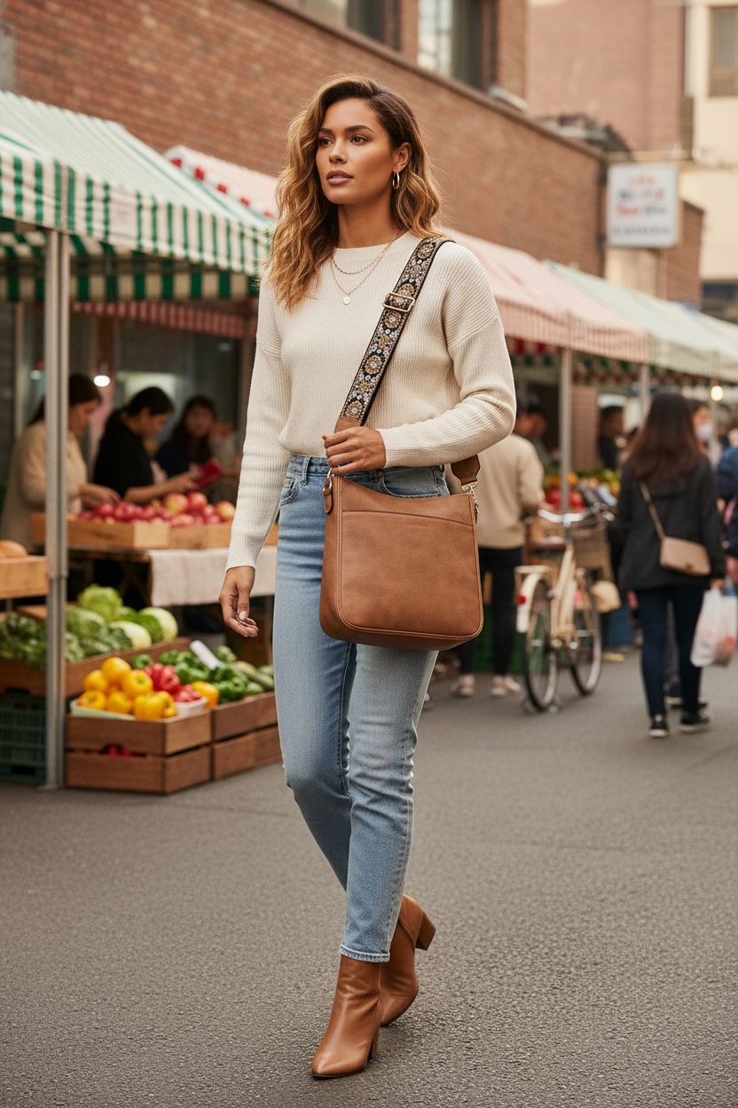 BOSTANTEN trendy vegan leather crossbody purse swinging at a farmers market