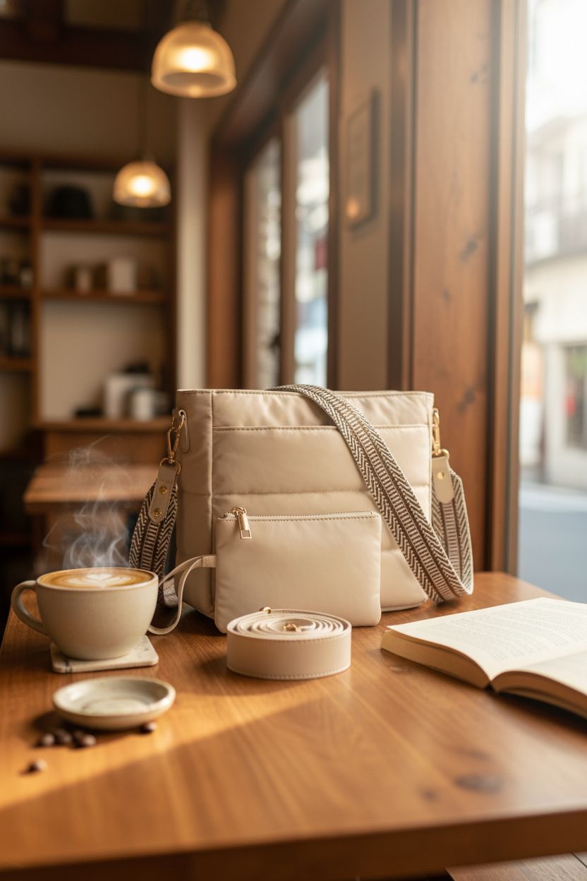 BAVERGE beige puffer crossbody bag styled on a café table with a latte and book